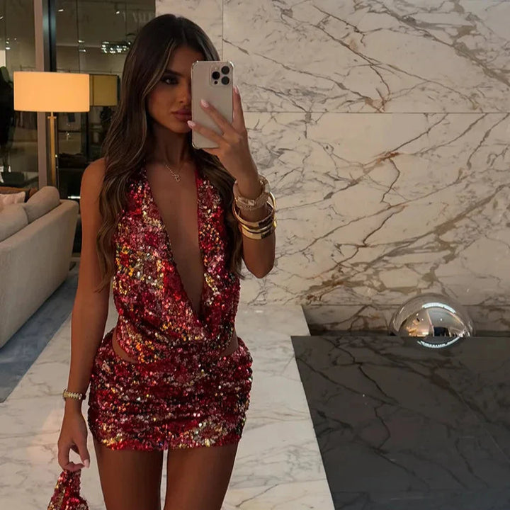 Maya™️ | Paljettsett med Halterneck og Bodycon Miniskjørt