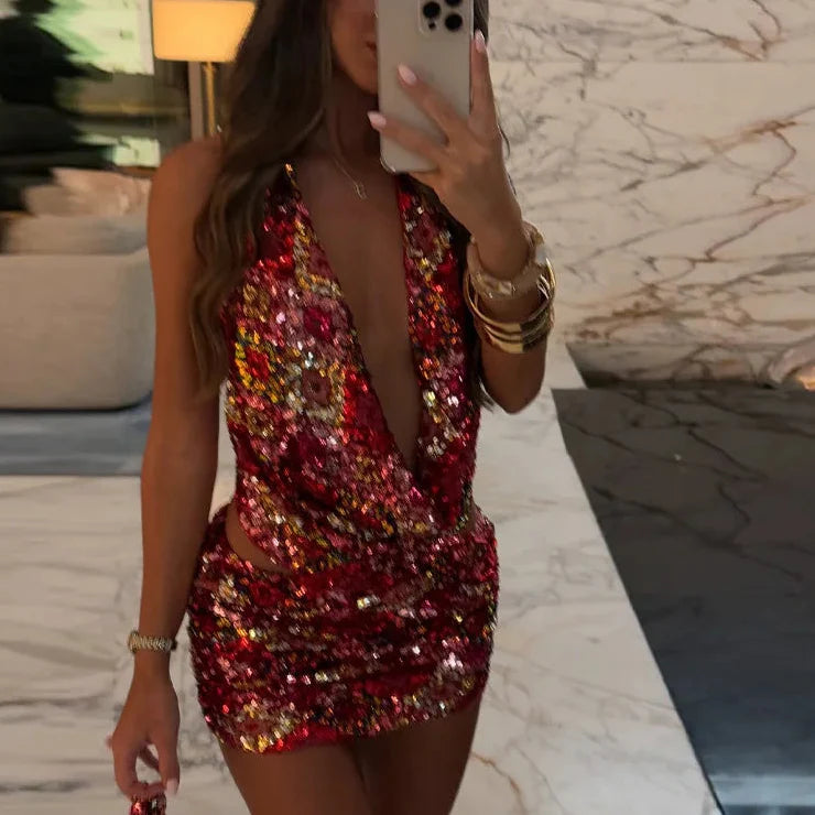 Maya™️ | Paljettsett med Halterneck og Bodycon Miniskjørt
